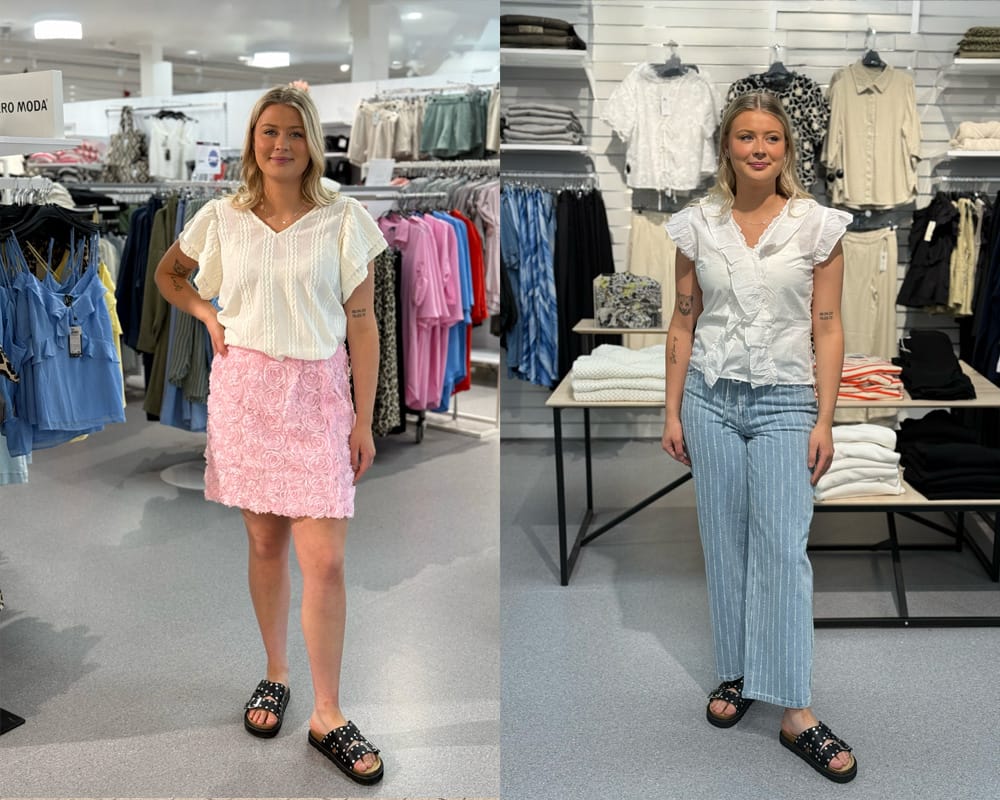 Bild på tjej som visar kläder från Böjes klädavdelning