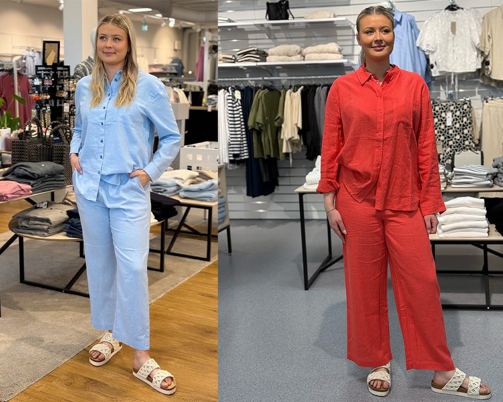 Tjej som visar två olika outfit från Börjes Mode